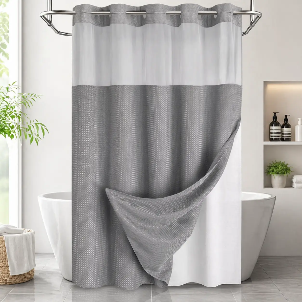 No Hooks Shower Curtain Modern Dark Grey Waterproof Double Layer Fabric with Snap-in Liner & Top Sheer Window 72x75 Inches Light Home Essentials for Contemporary Bathrooms Grey Double Layer Shower Curtain Set