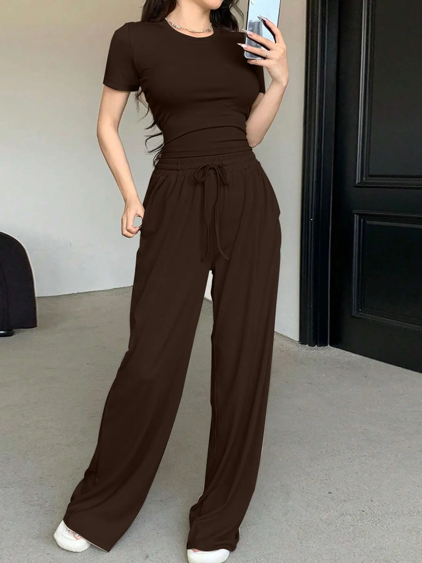 Summer Women's Pajama Set, Slim-Fit Heart Pattern Top & Wide-Leg Pants, Casual Lounge Wear, Lightweight & Comfortable, All-Season Style, Womenswear, Loungewear, Pjs