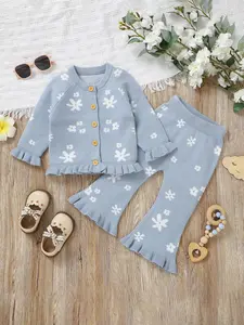 Toddler Girl's 2pcs Floral Print Button Front Cardigan & Ruffle Hem Flare Leg Pants Set, Cute Clothing Set 2 Piece Outfits For Little Girls Spring & Fall, Kids Clothes, Round Neck Set