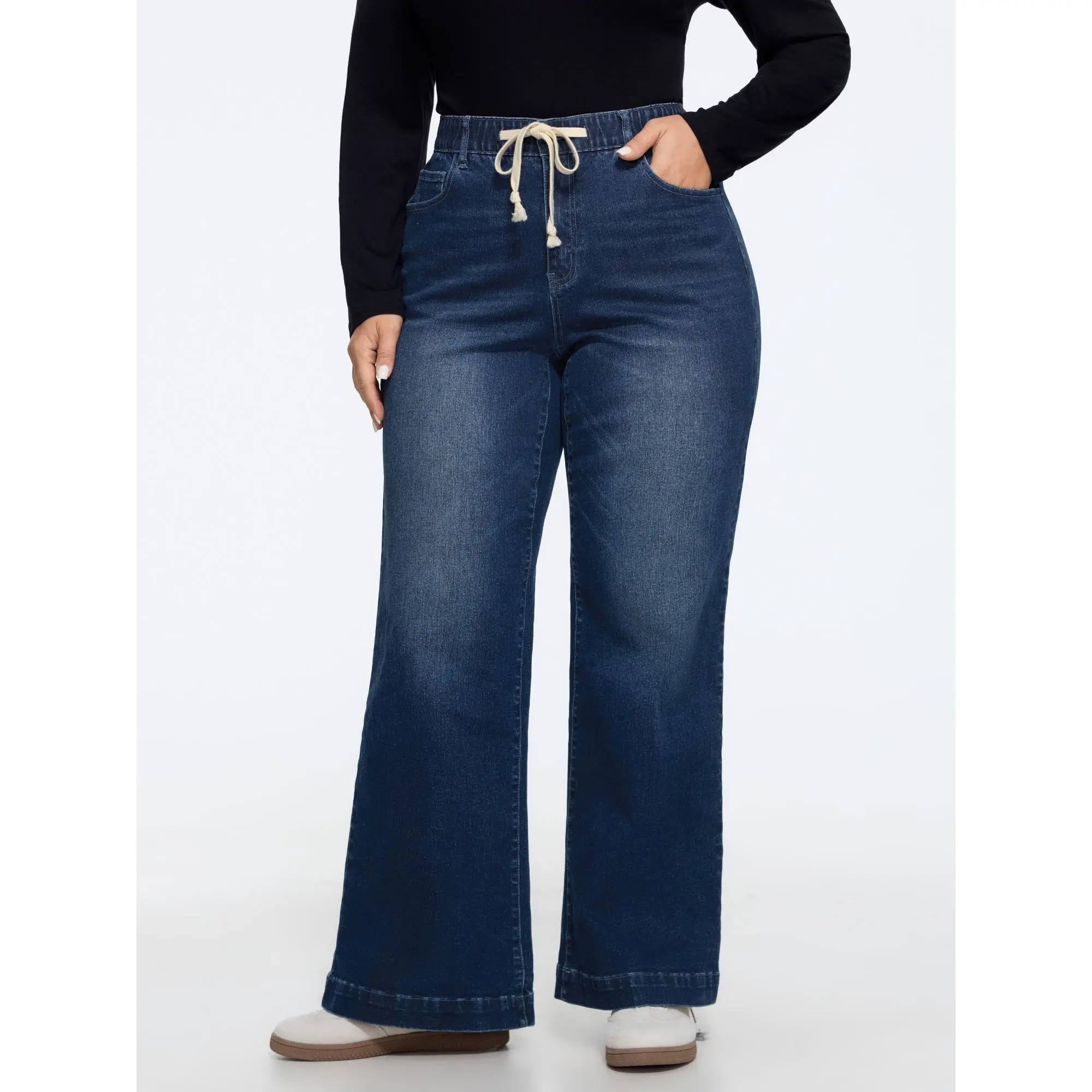 BLOOMCHIC Women's Plus Size Cotton Blend Stretchy Drawstring Waist Straight Leg Jeans [M-6X] - 2026 Summer Finds