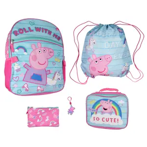 Peppa Pig Backpack Kids School Travel Backpack Set With Lunch Box, Drawstring Bag, Pencil Case, and Rubber Molded Keychain 16"