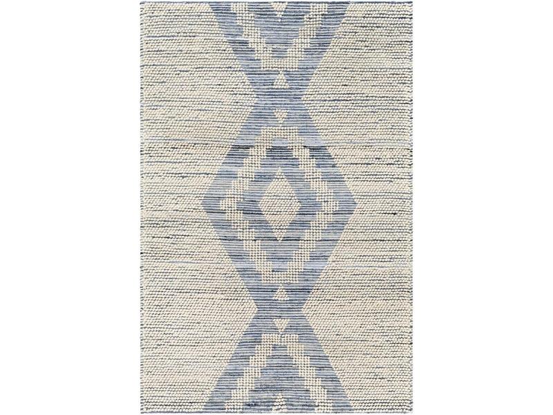 Livabliss NDD2303-576 Nadine Hand-Woven Cotton Wool Boho Rug - 5 ft x 7 ft 6 in Rectangle, Beige/Ivory/Blue Artistic Decorated Global Look Blue Geometric Rug, Indoor Home Decor, Spot Cleanable
