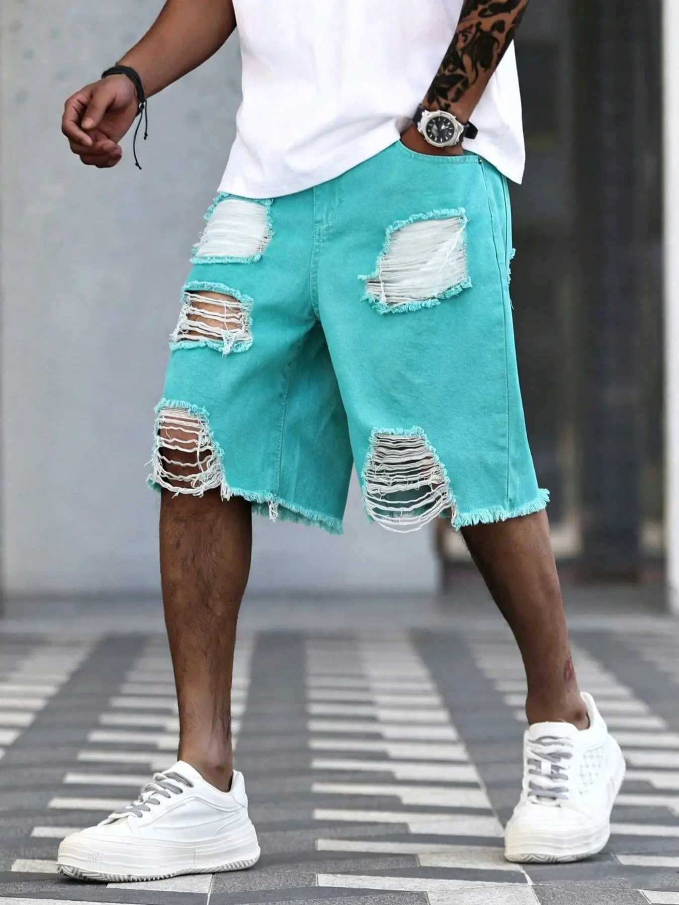 Men's Mint Green Ripped Denim Shorts, Frayed Fringe Design, Dopamine Street Style Shorts, Suitable for Summer Outfits, Loose Fit & Unique Design
