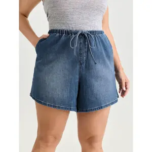 BLOOMCHIC Plus Size Cotton Denim Shorts - Stretchy Drawstring Elastic Waist, Distressed, Roll Hem, Flattering Fit, Pocket, Basic Garment Bottom, Curvy Momlife Clothing, 2026 Summer Everyday Wear,Spotlight,Summer wins,Deals for you days