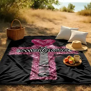 1 piece Pink Shiny Zebra Stripe Cross and Heart Design themed flannel blanket - Modern design flannel blanket, suitable for sofas and beds, all-season use, super soft and comfortable, digital printing, 100% polyester material, machine washable