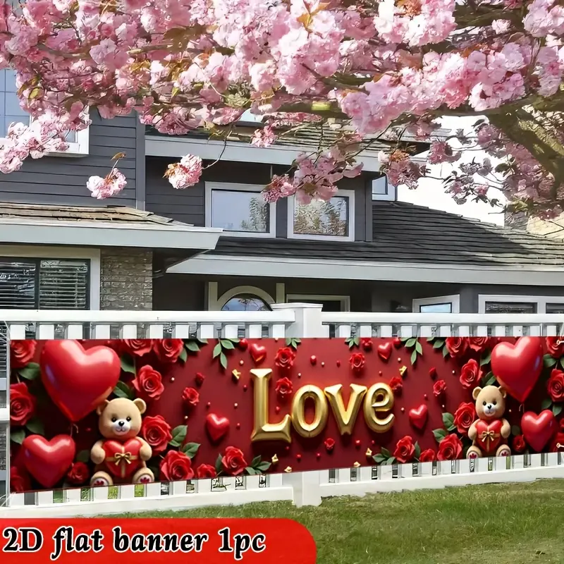 Valentine's Day Teddy Bear Heart Garden Banner, Polyester Outdoor Decoration, Rose Gold Love, Wedding Birthday Anniversary Party Decor
