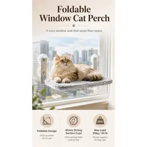 Foldable Cat Window Perch for Large Cats, 20kg/44 lb Strong Suction Cup Cat Window Hammock, Space-Saving Plush Window Cat Bed for Indoor Cats