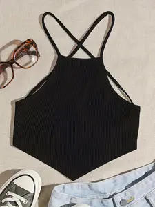 Chic Halter Neck Cross-Front Striped Slim Ribbed Tank Top, Triangular Hem Design for Trendy Fashion, Perfect for Summer Parties and Casual Outings