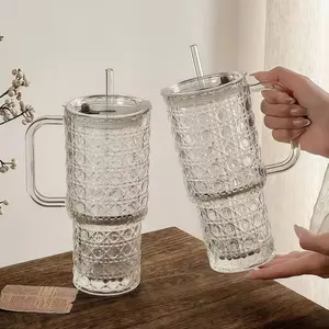 2pc glass cup set with lid and straw, reusable ice coffee cup, cola, milk, bubble milk tea, juice cup, travel cup (with diamond pattern), suitable for Christmas, Halloween, family dinners, and friends' gatherings