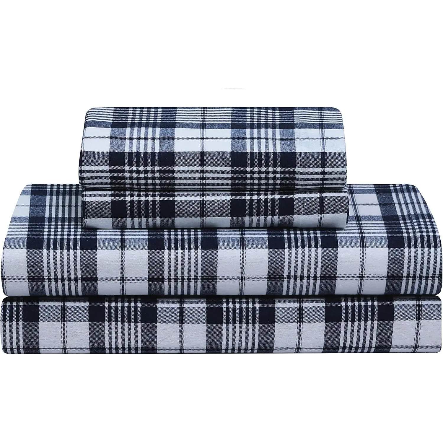 Cotton Flannel  Sheet Set, 4 count Brushed Cotton Flannelette Flat Sheet, Winter Fitted Sheet, Heavy Weight Bedding, 16" Deep Pocket, 2 Pillow Cases (Blue Plaid)