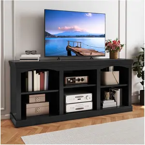 TV Stand for 80 Inches TV, Farmhouse Entertainment Center with Adjustable Shelf & Storage Cabinets, Black