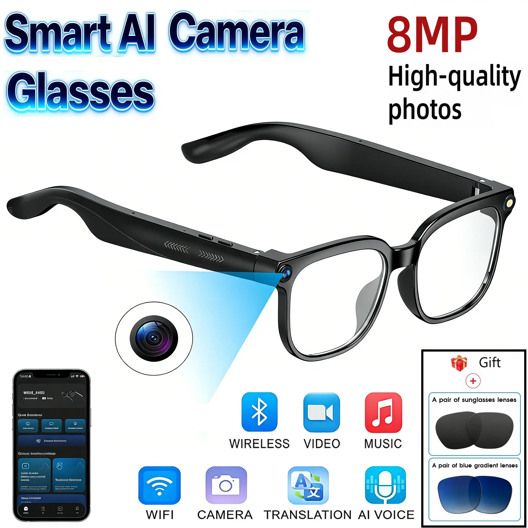 Smart AI Camera Glasses with 8MP Photochromic Lenses Button Touch ...