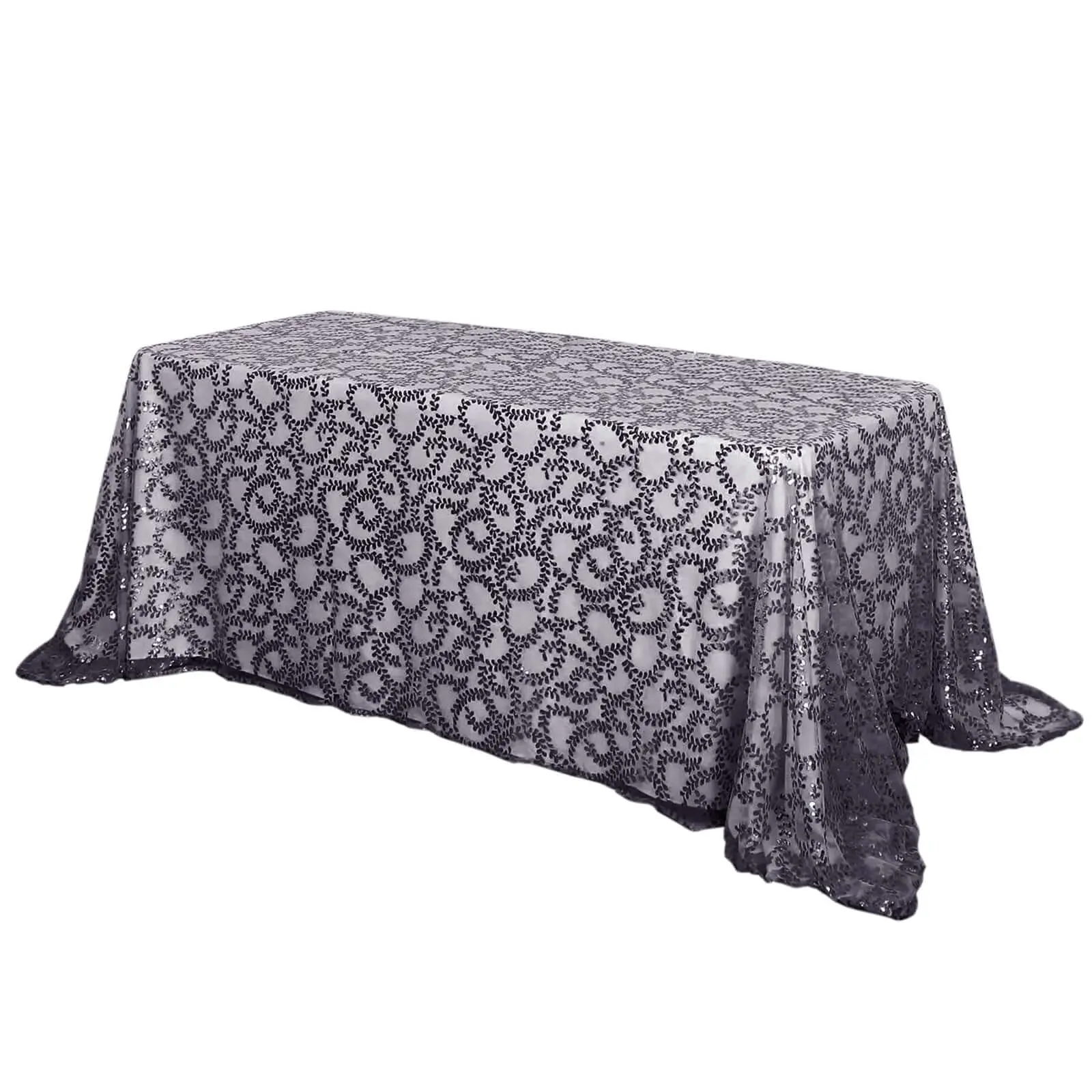 Black Sequin Leaf Embroidered Tulle Rectangle Tablecloth - 90"x156" Size, Ideal for Anniversary, Party, Themed, Wedding Events