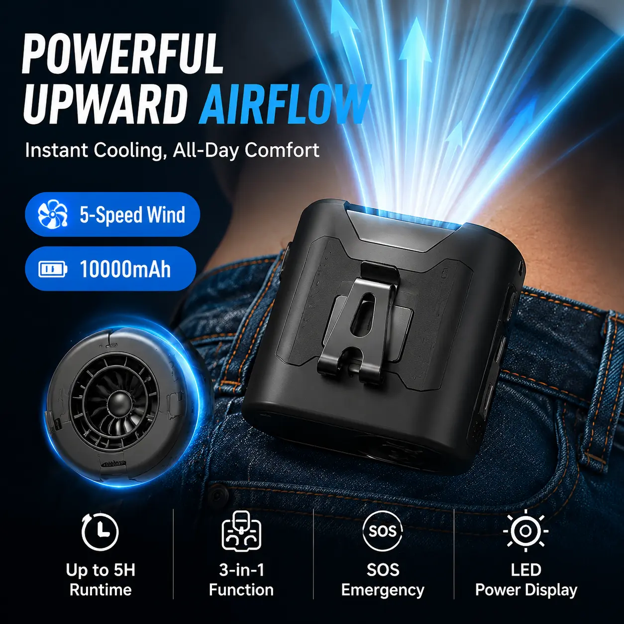 Hands Free Wearable Waist Fan Upward Airflow 5 Speed Adjustable Portable Cooling Fan Built-in Power Bank LED Flashlight Perfect Father's Day Gift for Outdoor Working Camping Men mini fan