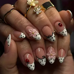 24pcs Machine Printed Summer Ladybug Polka Dot French Fake Nails, Textured Long Ballerina Shape, DIY Essential Nail Art for Women & Girls
