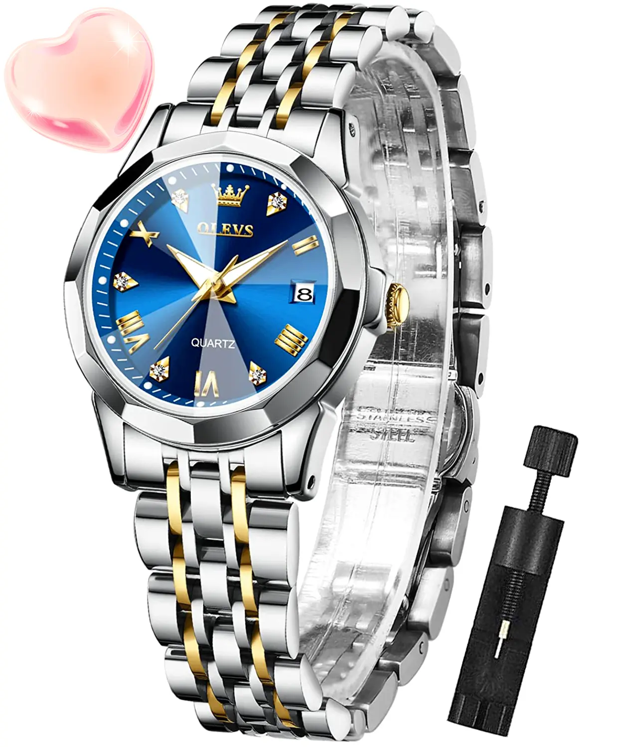 OLEVS Women's Luxury Quartz Watch Two Tone Gold Silver Stainless Steel Waterproof Luminous Royal Blue Dial Diamond Accent Roman Numerals Date Calendar Wristwatch Elegant Dress Clock Anniversary Birthday Gift Watch Box Set for Her L9931