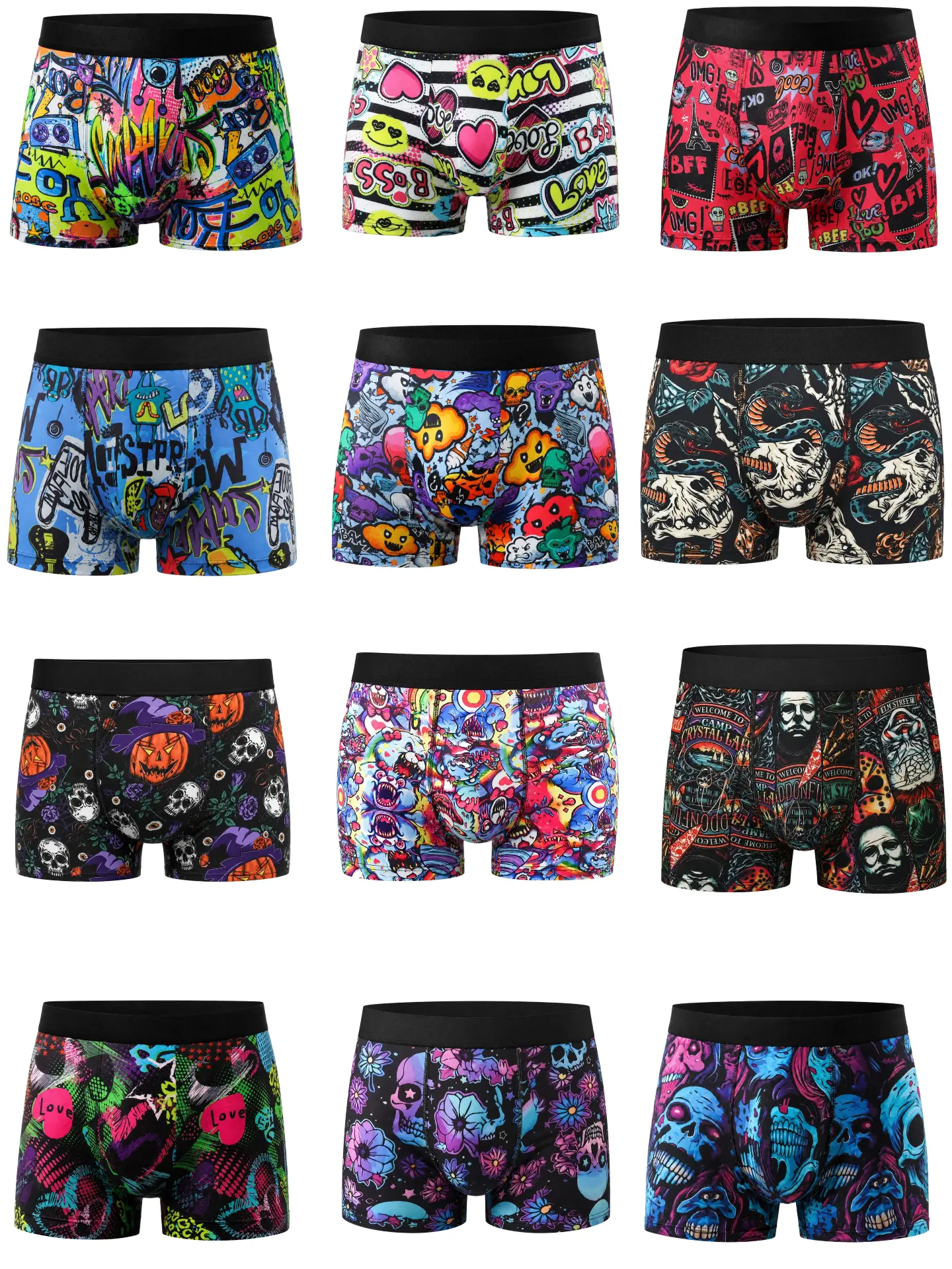 KXLBL Men's Everyday Underwear 12-Pack, Comfortable Breathable Stretch Boxer Briefs with 12 Assorted Prints