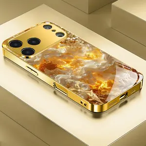 Creative Abstract Golden Liquid Sand Design Pattern Electroplated Glass Phone Case,for iPhone 17 Pro Max Phone Case 17 Air 16E 16 Pro Max 15 Pro Max 15 Plus 14 Plus 13 12 11 Phone Cases,Samsung Galaxy S25 Ultra S22 S23 FE S24 Plus A14 A15 A16 A35 A36 A54