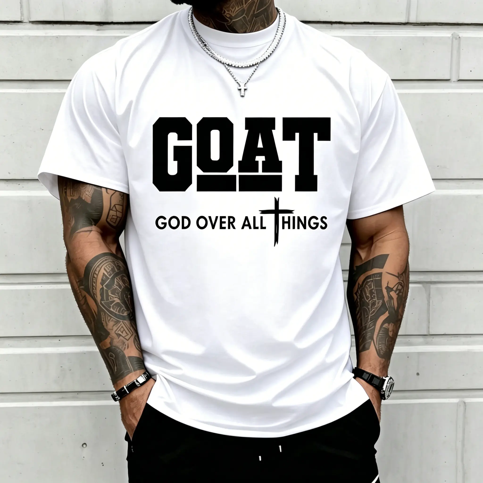Men's "GOAT - God Over All Things" Graphic T-Shirt, Menswear Casual Streetwear, Round Neck Shortsleeve Motivational Hip Hop Sports Top, Tshirt, Mens Clothing, Bold Print, Hip Hop Vibe, Fitted Look