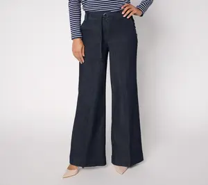 QVC Women's Woven Palazzo Wide-Leg Jeans, Adjustable D-Ring Belt, Soft Comfortable Bottom