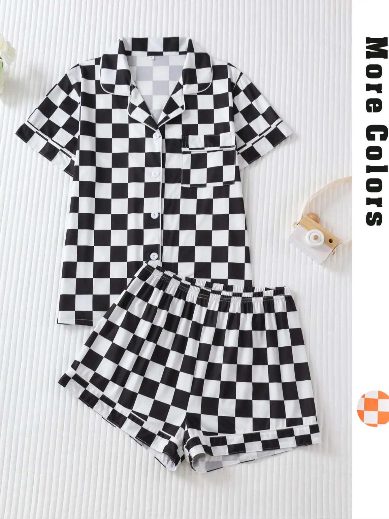 Women's Checkerboard Print Lapel Neck Pajama, Casual Comfy Short Sleeve Button Front Chest Pocket Design Top & Elastic Waist Shorts PJ Set, Ladies Sum