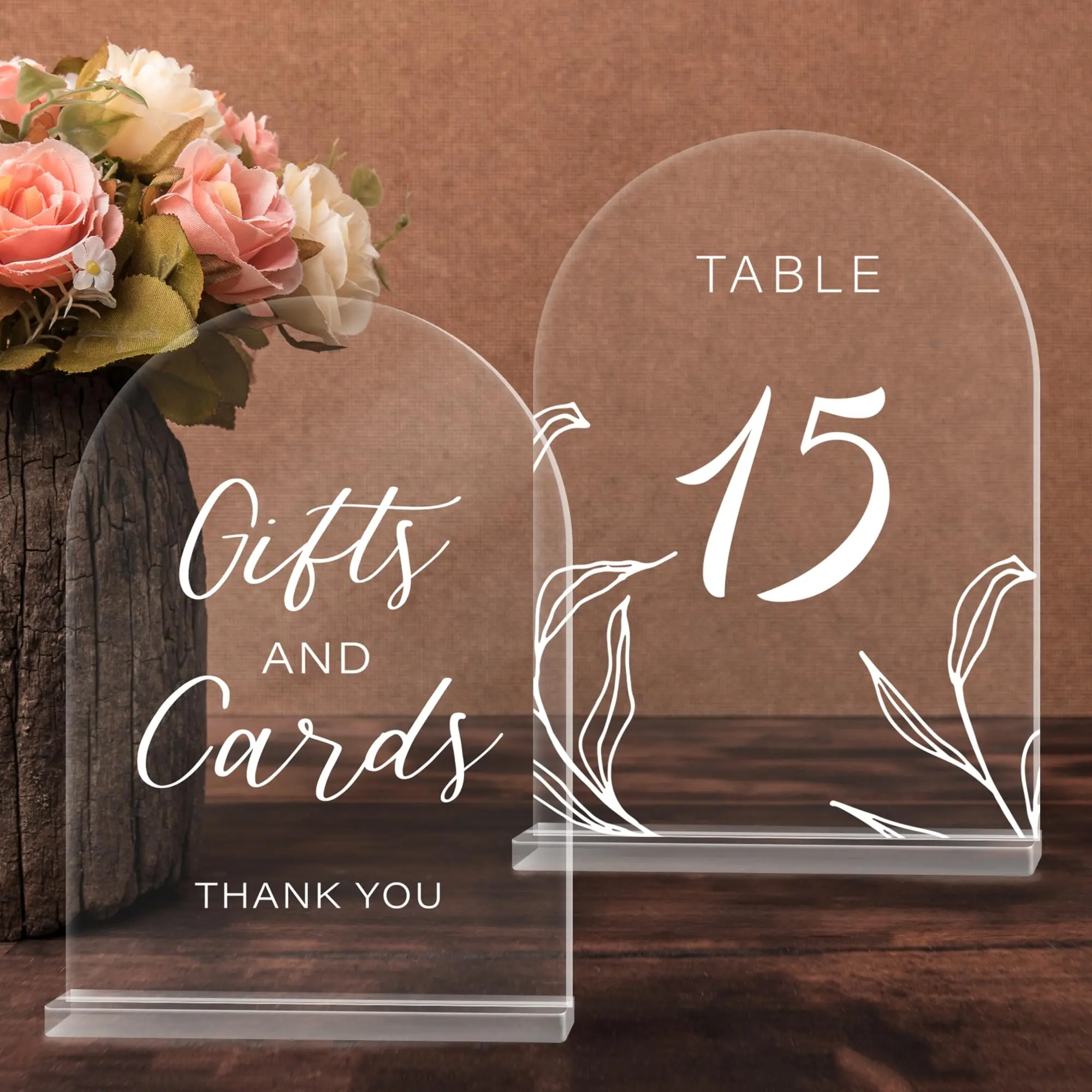 Set 17 Pcs Clear Decor Arch Table Numbers with Stands, Table Numbers 1-15, It Comes With Two Additional Table Signs for Guestbook, Gift & Card.