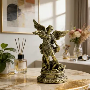 8.54 Inch Bronze Color Archangel Michael Statue, Resin Craft Winged Design Religious Figurine, Vintage Carved Base Home Living Room Decor Gift