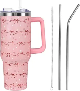 40oz Vacuum Insulated Stainless Steel Water Bottle Tumbler with Glass Insulation - Christmas Red Bows Ribbon Design, Handle, Straw Lid, Leak-Proof, Portable, Reusable - Snowflake Xmas Gift for Women, Winter Holiday Kitchenware Drinkware, Water Bottles
