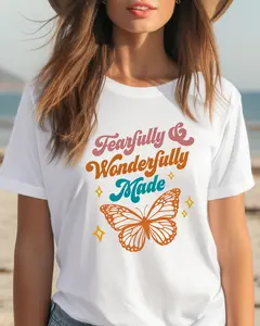 Fearfully & Wonderfully Made Women's Christian T-Shirt - Soft Breathable Cotton Tee with Butterfly Design for Everyday Wear
