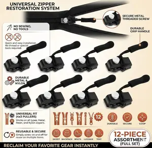 Zipper Repair Kit Universal Zipper Slider Replacement 12pcs 3 Different Size Black Zippers Fix Repair Kit for Backpack, Jackets, Coats, Tents, Luggage, Bags