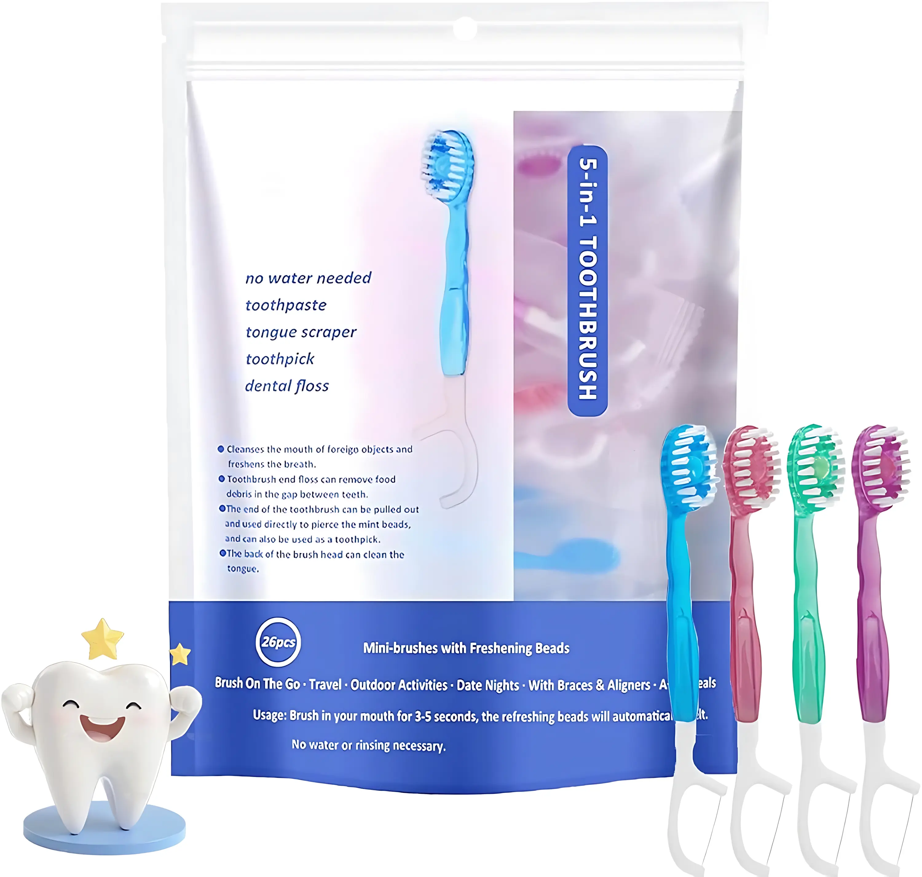 【tialexa】5-in-1 Mini Travel Toothbrush – 26 Count Disposable Oral Care Kit with Toothpaste, Floss, Tongue Scraper & Toothpick. Portable Individually Wrapped Soft Bristle Toothbrush Set with Mint Fresh Beads for Travel, Office, Dating & On-The-Go Cleaning