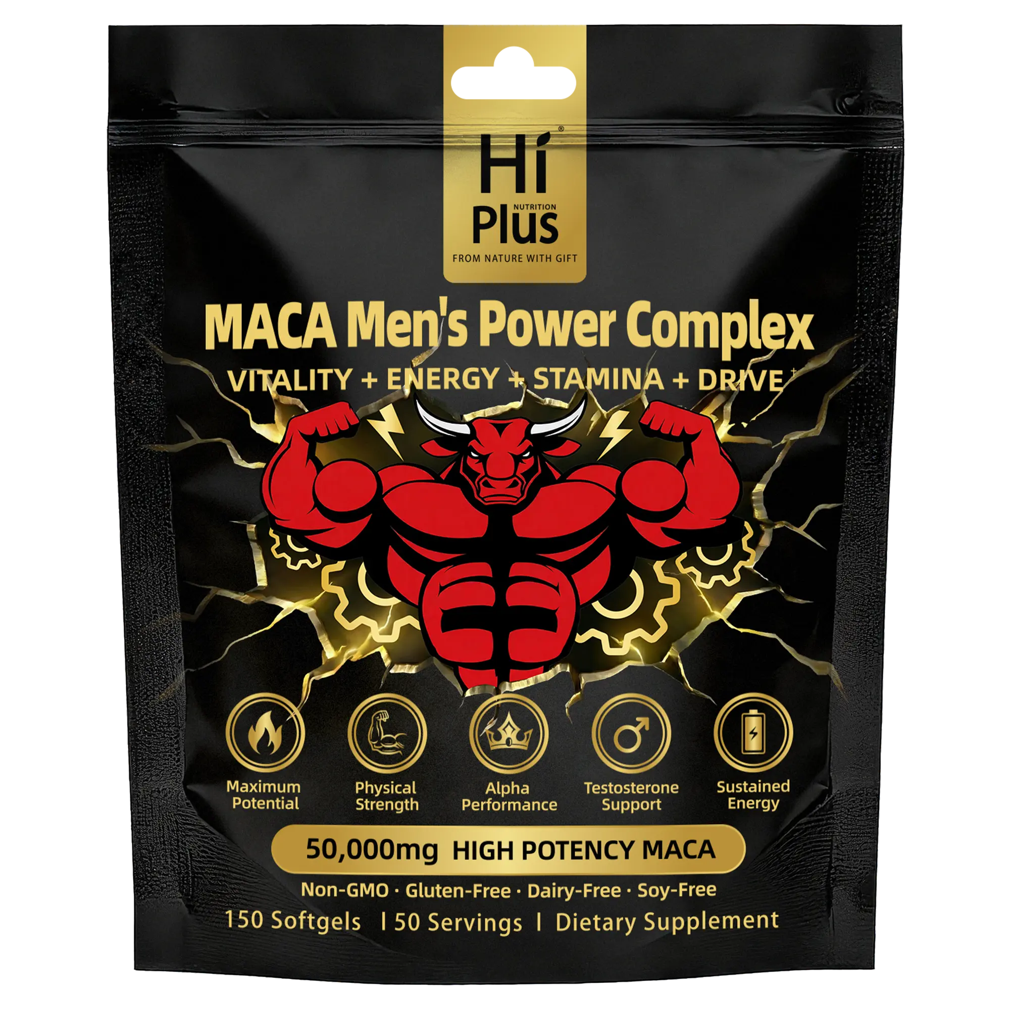 HiPlus Men's Complex Supplement with Shilajit, Maca, Ashwagandha, Ginseng - Supports Energy, Stamina, Focus - 150/300 Softgels Summervibes