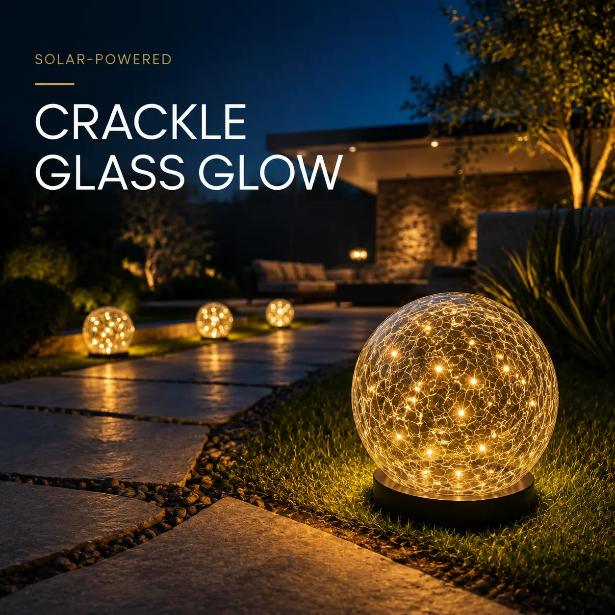 Luxury Solar Crackle Glass Globe Lights – IP64 Waterproof Warm White Outdoor Orbs for Garden Pathway, Patio & Backyard Ambiance