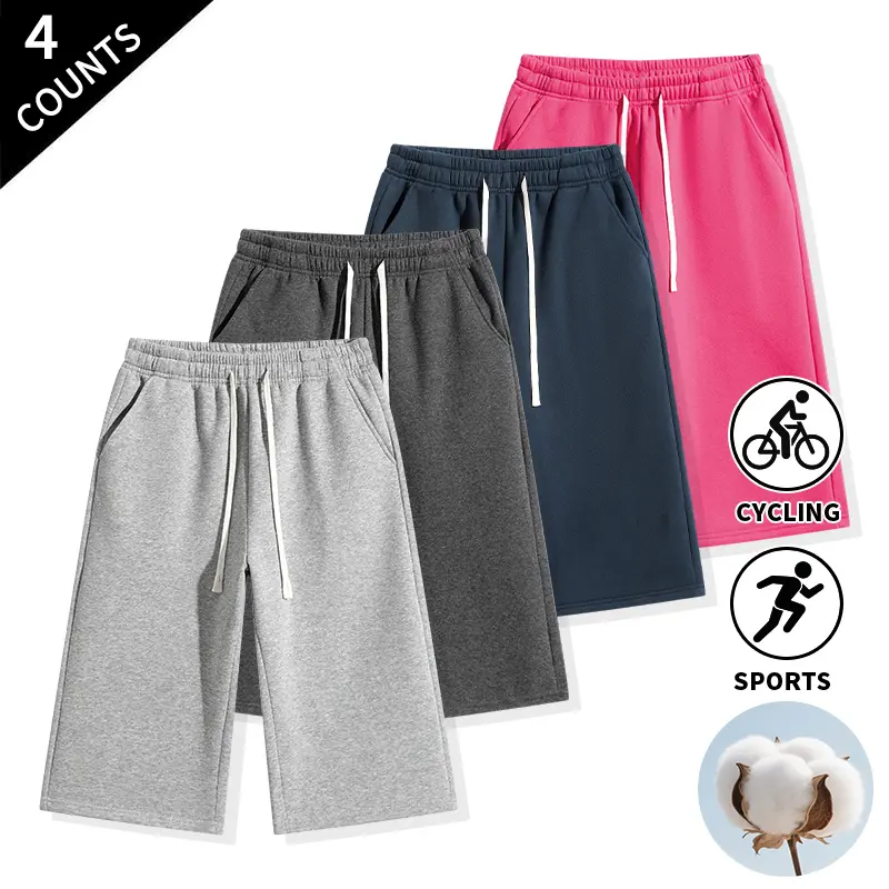 4-Pack Casual Three-Quarter Length Sweat Shorts for Men, Drawstring Elastic Waistband, Loose Fit, Everyday Athletic Training Shorts