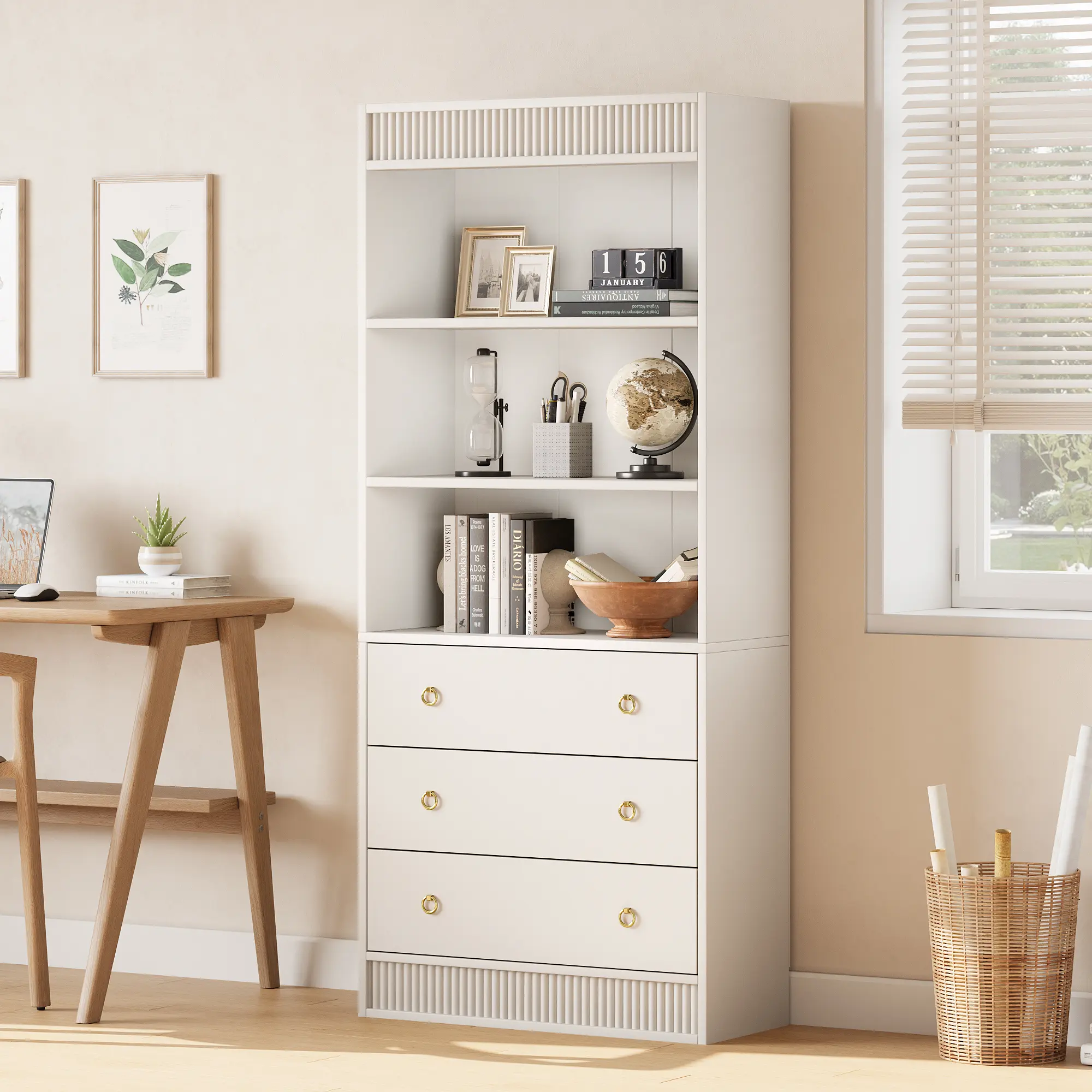 GARVEE Modern Fluted Bookshelf with Drawers – 71" Tall, 6-Tier Open Shelves, Waved Design, Storage Cabinet for Living Room, Dining Room, Office – Freestanding Organizer