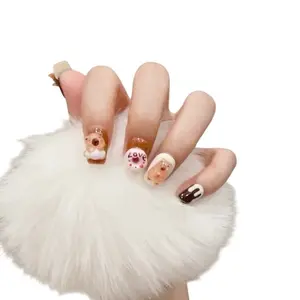 False Nails Press ons Short Square Brown Color with 3D Capybara Design 105