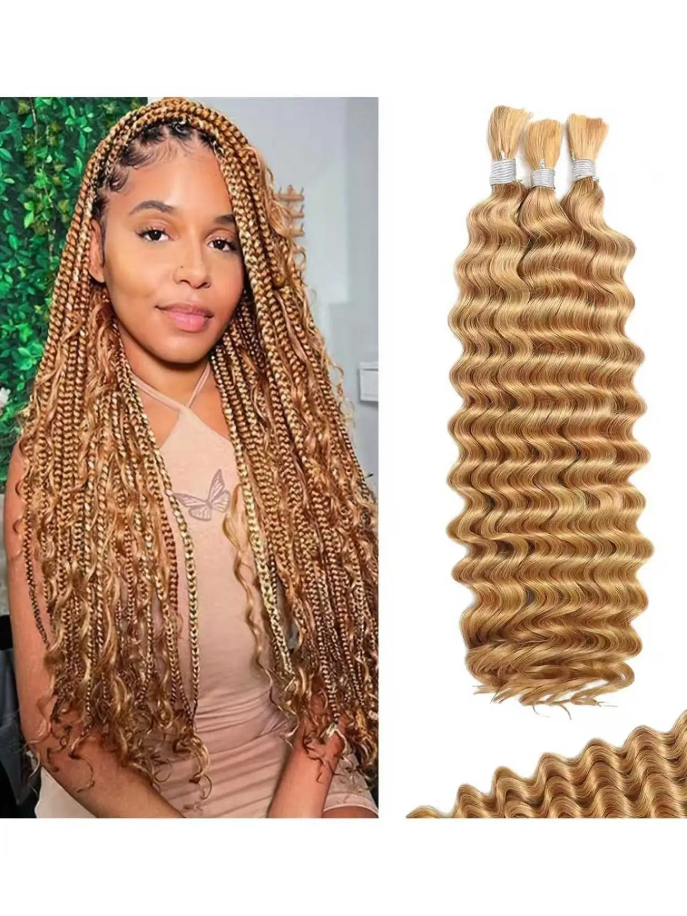 2 bundles totaling 100 grams Loose Human Hair Weft Hair Extensions, Weave Hair Extensions, Honey Gold 27 Deep Wave Curly No Weft Hair Weft, Suitable for Bohemian Style Braided Hairstyles & All Light Beige Hair Colors, Curly Wavy Hairpieces