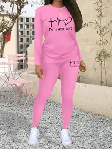 Heart pattern print Women's Pattern Print Casual Sportswear Set, Fashionable Long Sleeve Top & Tight Pants, Fall & Winter Fitted