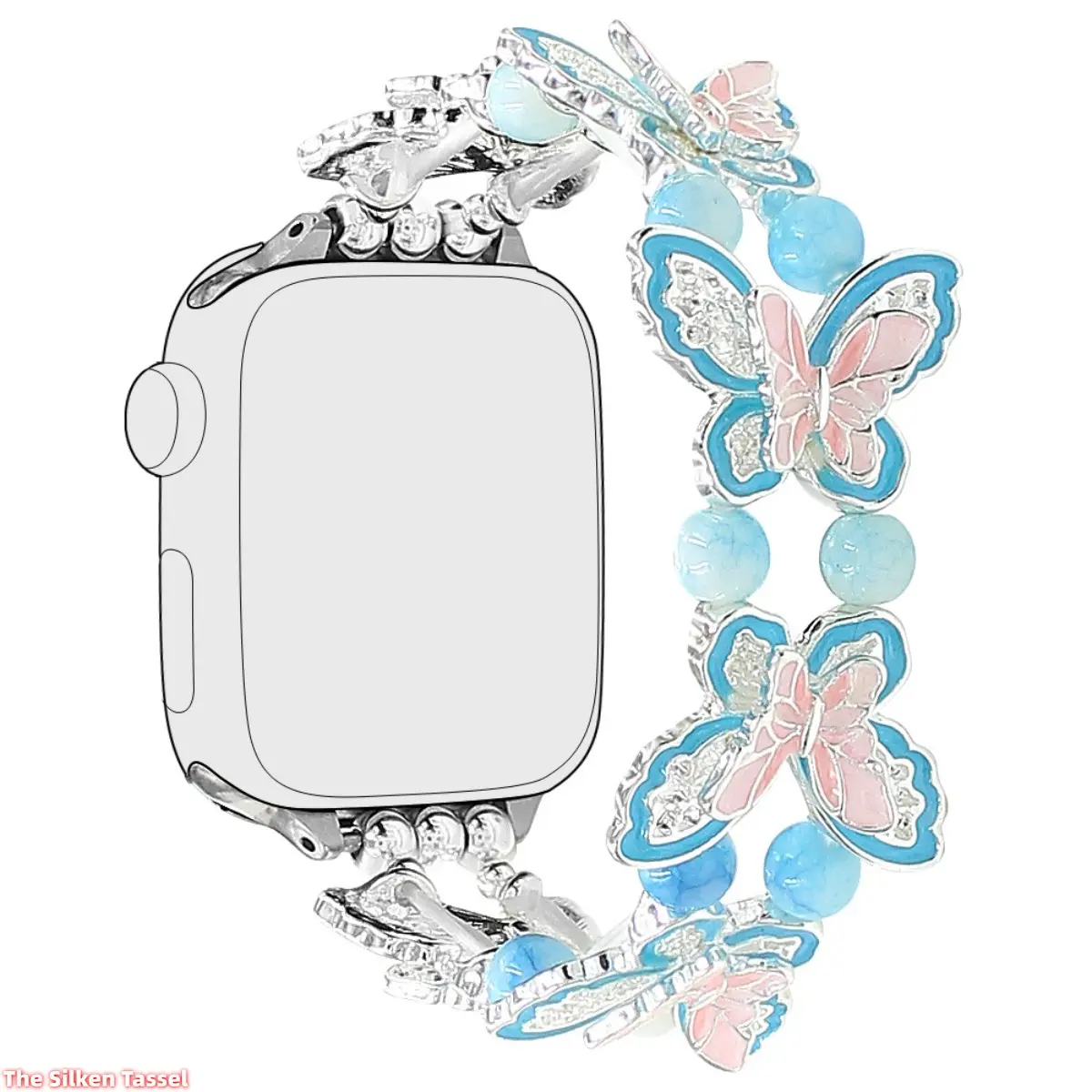 Enamel Butterfly Natural Stone Watch Band, Stretch Metal Bracelet Strap for Women, Compatible with Apple Watch Series 1-11 Ultra SE (No watch) tiktokshopbacktoschool