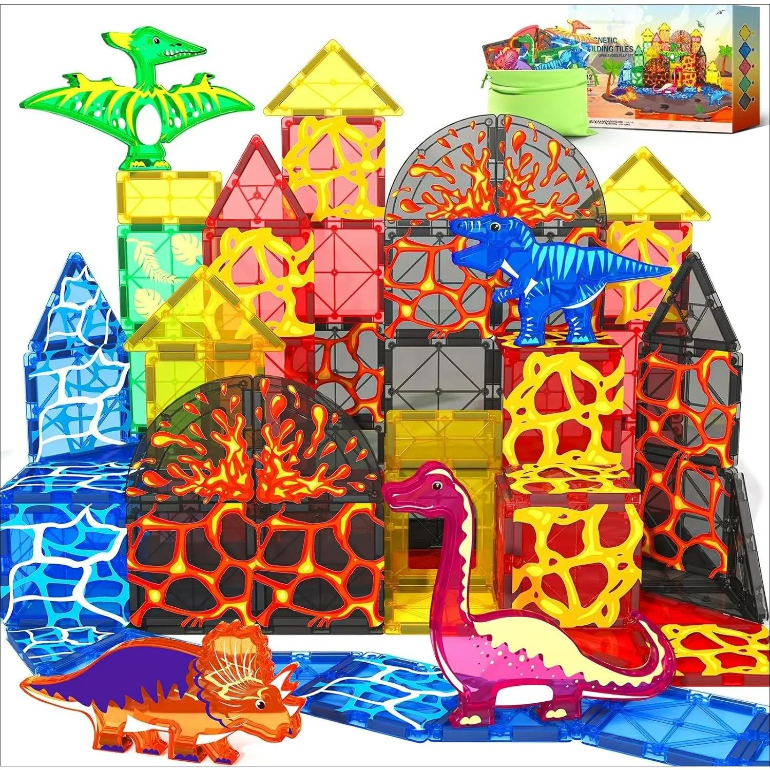 GJ X-JP04 Dinosaur Toys Magnetic Tiles Lava Dinosaur World Set - Magnetic Blocks Building Toys for Kids 3-5 5-7 Girls Boys Toys Age 4-6 6-8, Classroom Must Haves Toddler Sensory Toys for 3+ Year Old Kids Toys