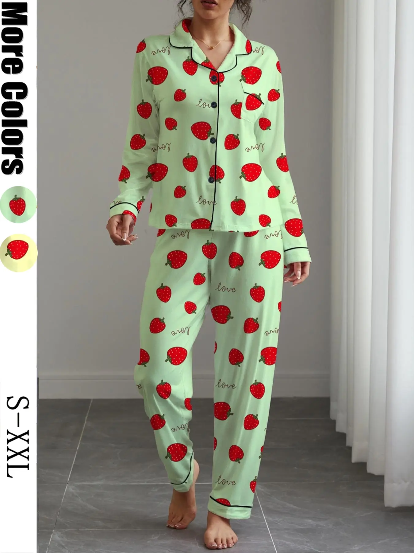 Women's Fall & Winter 2-Piece Long Sleeve Loungewear Set, Matching Pajamas, Strawberry Print, Elegant Casual, Comfortable Lapel Top & Straight-Leg Pants