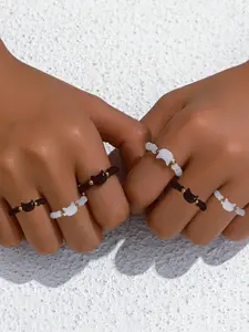 Cute Cat Beaded Ring Set, Artificial Crystal Cat Head Stacking Rings, Women's Jewelry Gift for Friends and Couples