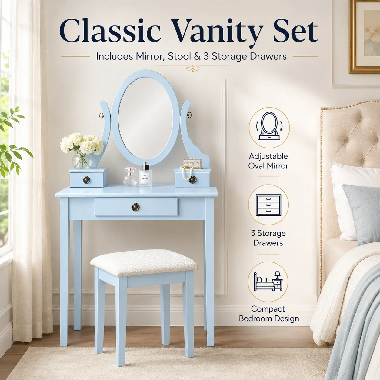 Makeup Vanity Desk with Mirror and 3 Drawers Adjustable Oval Wooden Vanity Set with Matching Stool 30 Inch Compact Dressing Table Bedroom Furniture for Teen Girls Women GRWM Station Aesthetic Beauty Room Decor cheap
