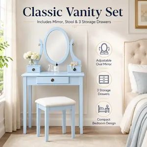 Makeup Vanity Desk with Mirror and 3 Drawers Adjustable Oval Wooden Vanity Set with Matching Stool 30 Inch Compact Dressing Table Bedroom Furniture for Teen Girls Women GRWM Station Aesthetic Beauty Room Decor