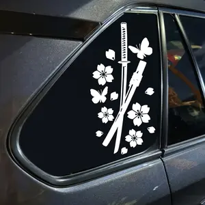 2 Pieces 1 Set of Samurai Sword & Cherry Blossom Stickers - Black Vinyl Stickers with White Japanese Samurai Design, Durable and Weather Resistant, Suitable for Car Exterior, Home, Glass & Wall Decor, Home Decor, Dynamic Pose Design