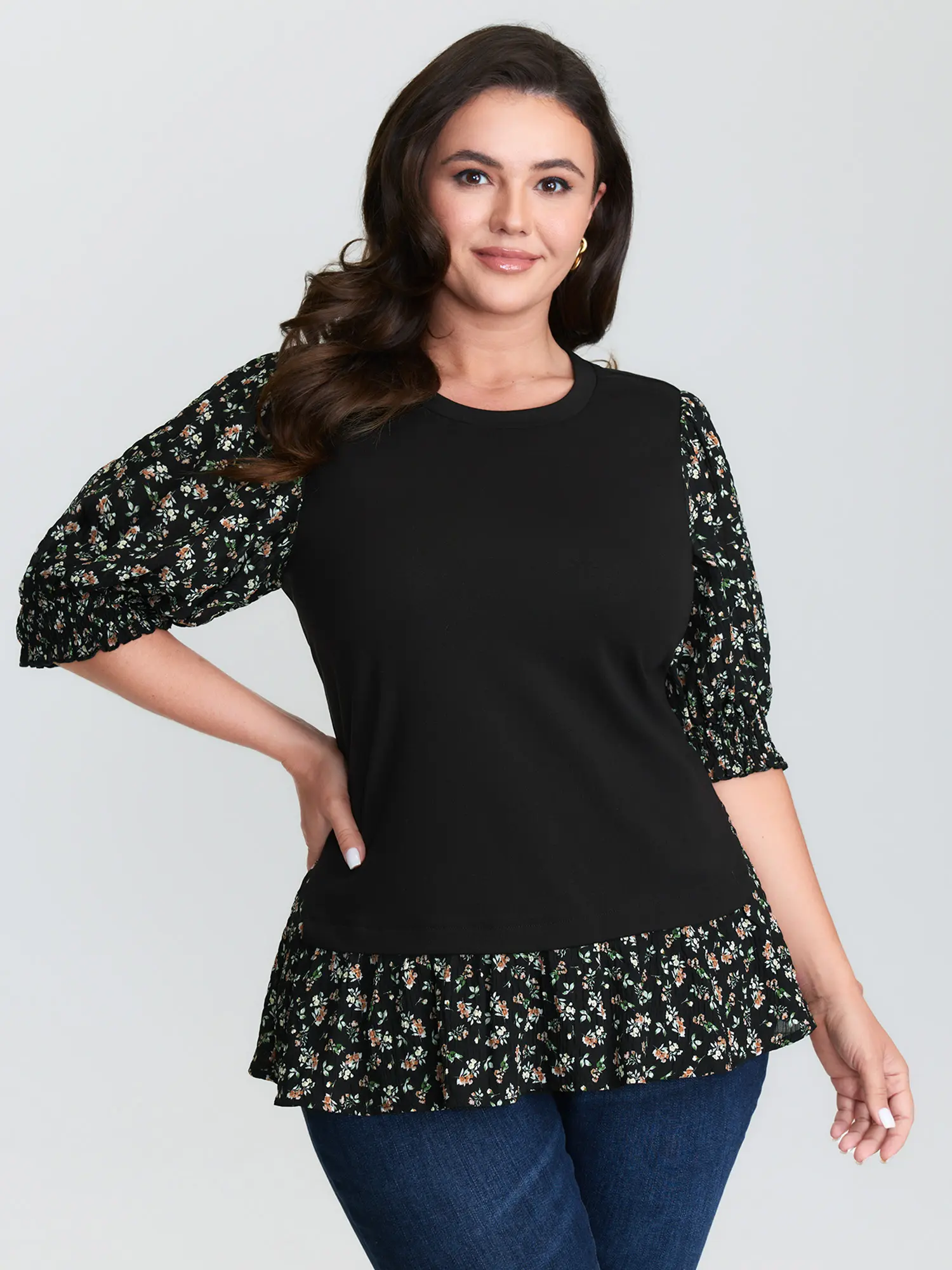 Bloomchic Women's 2-in-1 Floral Print Knit Top - Half-Sleeve Patchwork Clothes, Round Neck, Arm-Flattering Fit, Cute Tops for Women, Casual Knitwear for Summer Swimweek,summerwins,Spotlight,Summer wins,Deals for you days