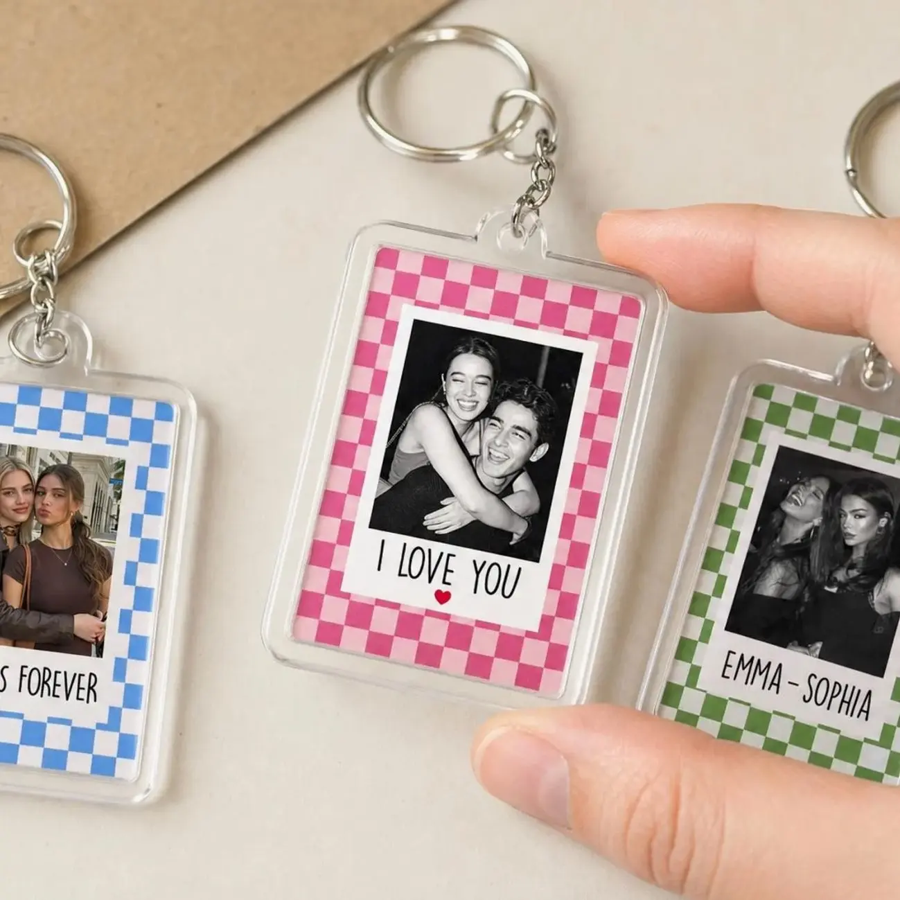 Personalized Checkered Photo Couples Keychain, Custom Besties Photo Keychain, Gift For Boyfriend, Gift For Girlfriend, Anniversary Gift