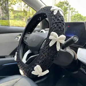 Handmade Crochet White Bow Granny Square Car Steering Wheel Covers Universal 14-15 inch for Women and Men (Steer Wheel Cover+ 2 Belt Cover)