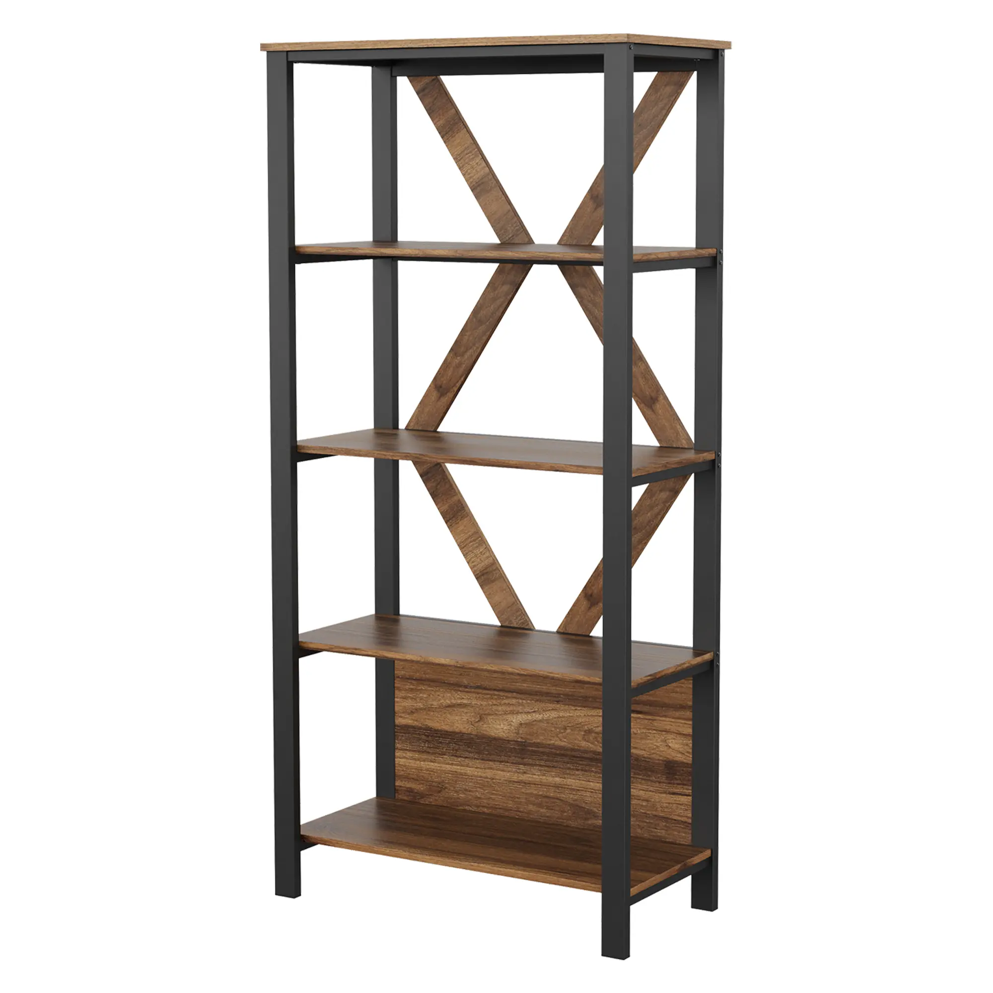 5 Tier Bookshelf with LED Lights, Industrial Tall Open Display Shelf, Wooden Freestanding Bookcase with Baffles for Living Room Home Office, Brown
