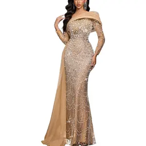 Women Sequin Beaded Mermaid Formal Evening Gown Long Sleeve Prom Dress Bodycon Wedding Guest Party Cocktail Maxi Dress